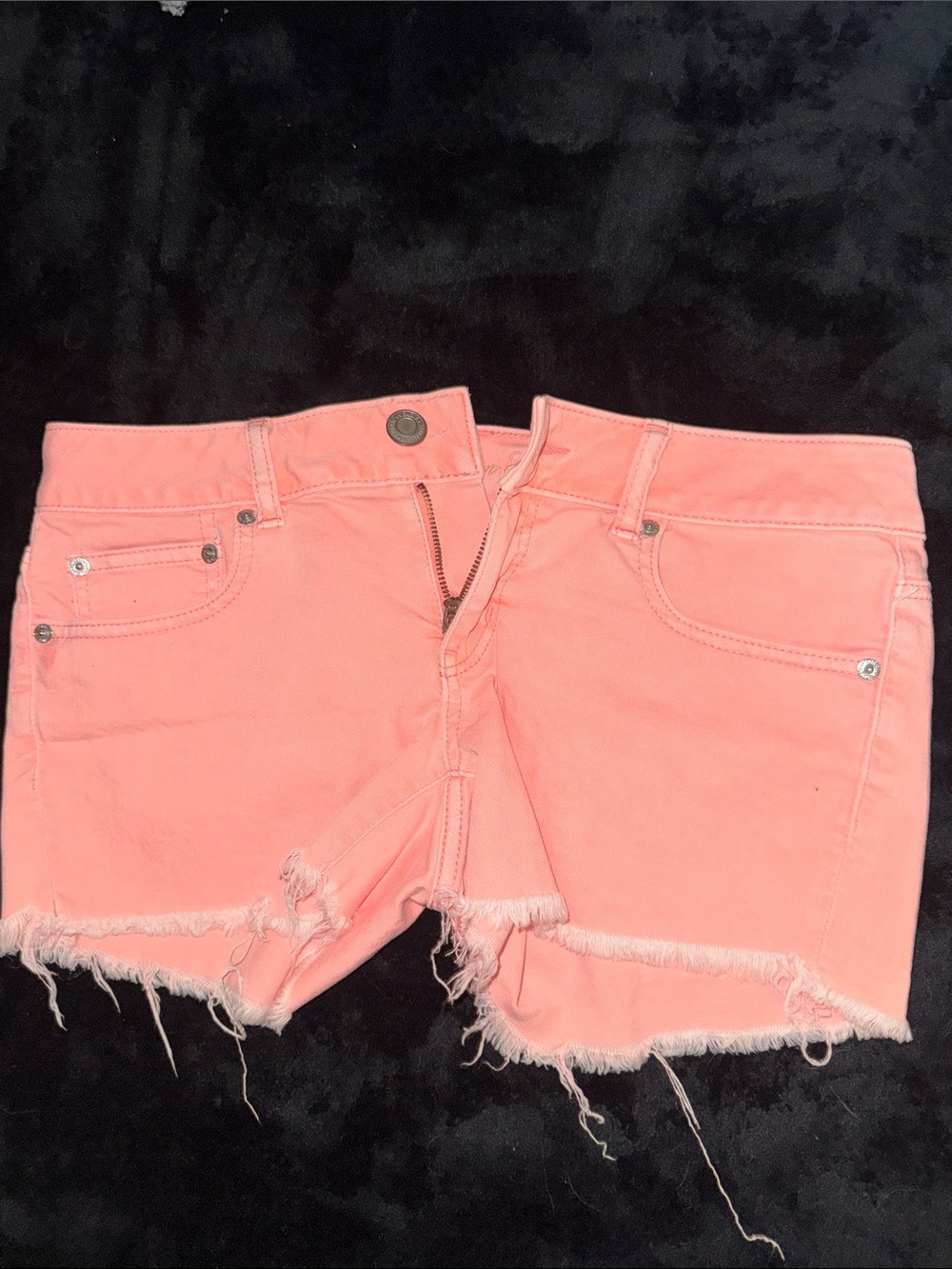 Neon Coral Pink Frayed Hem Women's Denim Shorts - Picture 2 of 6